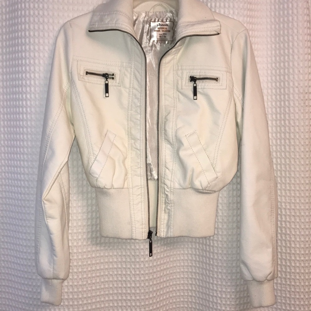 Women’s white leather jacket.